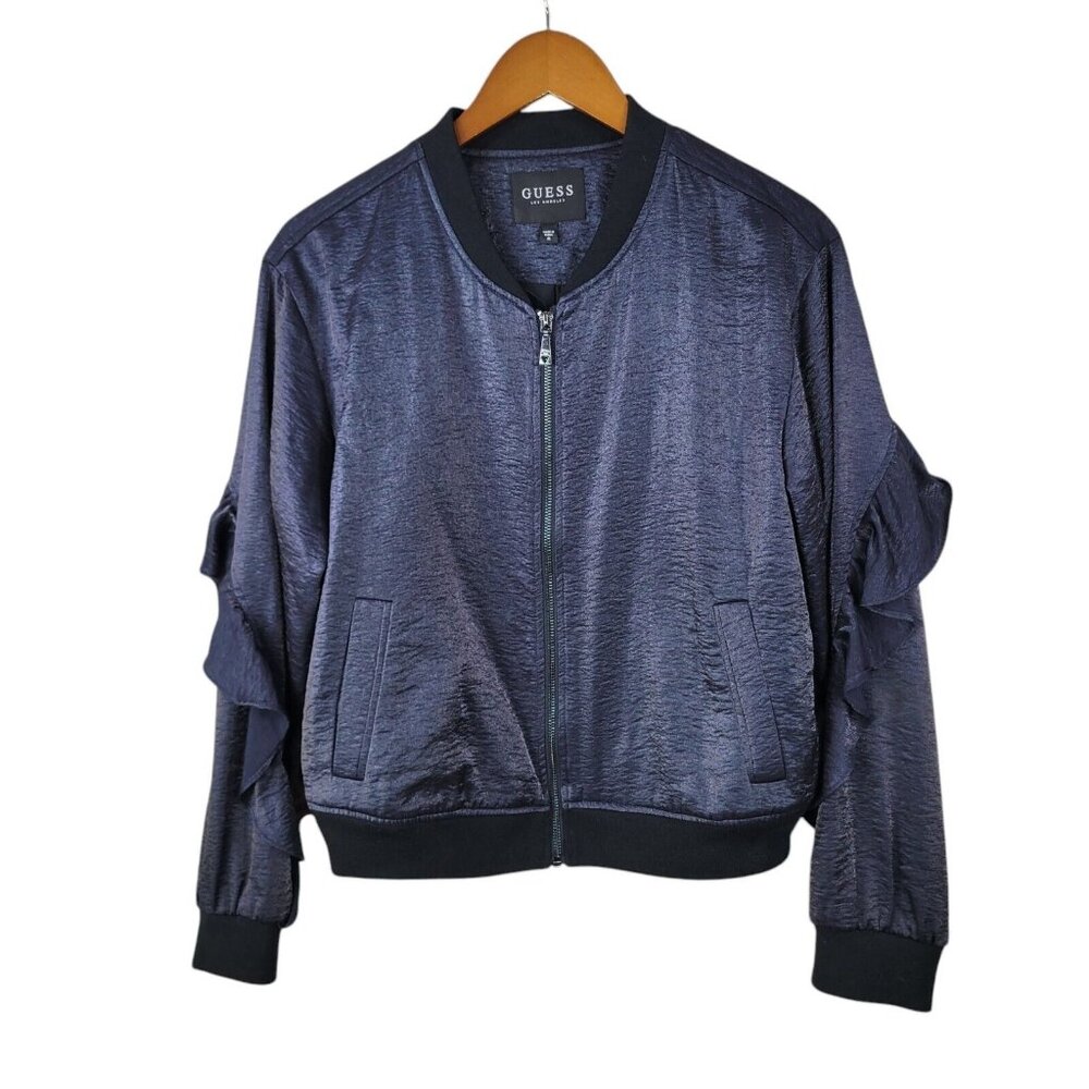 Guess Moto Jacket Size Medium Zip Up Metallic Black Bomber Ruffle Back Sleeve